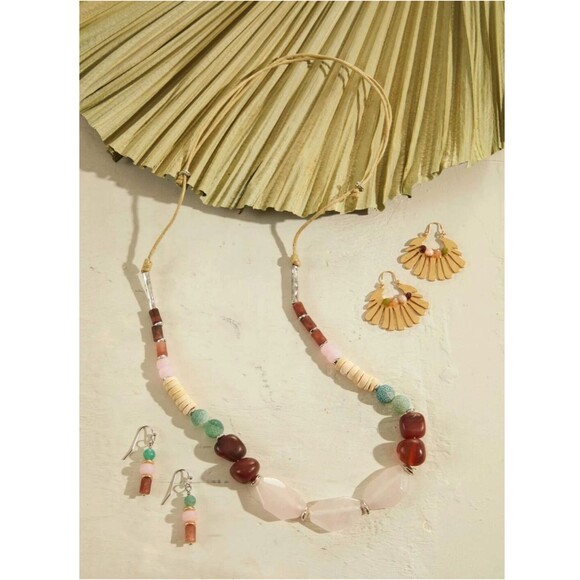 J. Jill Beaded Necklace Island Delight Red Agate Pink Rose Quartz Adjustable NWT - Picture 3 of 11